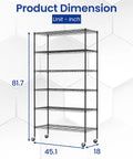 Commercial Wire Shelving Unit With Locking Casters And Adjustable Steel Shelves Heavy Duty Space Saving Storage Rack For Restaurant Garage Pantry And Kitchen Black Finish 45 By 18 By 82 Inches Beast with dimensions shown