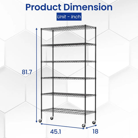 Commercial Wire Shelving Unit With Locking Casters And Adjustable Steel Shelves Heavy Duty Space Saving Storage Rack For Restaurant Garage Pantry And Kitchen Black Finish 45 By 18 By 82 Inches Beast with dimensions shown