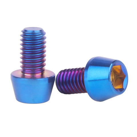 4 Pack Rock Solid Grade 5 Titanium Allen Hex Tapered Socket Head Cap Screws M6 X 10 16 20 25 30 35 Millimeter Mix Badass Burnt Blue Finish Corrosion Resistant, showing two tapered screws with a blue finish.