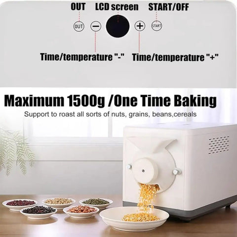 No Hassle Home Coffee Bean Roaster With Precise Temp Control And Even Stir For Deep Flavor Development Perfect For Roasting Nuts Beans And Elevating Your Morning Brew Vibes shows LCD interface for time and temperature settings.