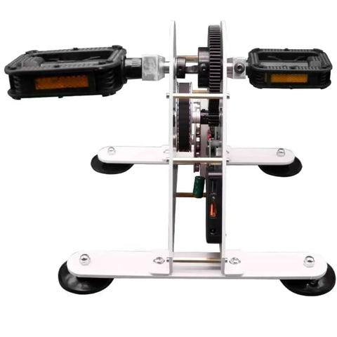 50W Portable Pedal Generator With Dual USB Output for camping, showing silent metal construction and emergency hand crank dynamo.