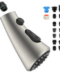 Universal Kitchen Faucet Replacement Sprayer Head with 14 adapters in brushed nickel finish, featuring dual spray nozzle.