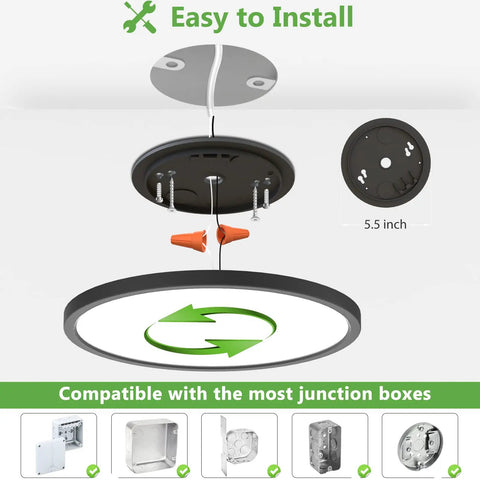 4 Pack 12 Inch LED Flush Mount Ceiling Light 28W 5000K Daylight 3200 Lumens Low Profile Black Round Ceiling Fixture installation diagram