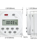 Dope Programmable Timer Switch For 12V DC And 120V AC, 16 Amp, 28 On And 28 Off Per Day, 1 Minute To 168 Hour Range, 15 Daily And Weekly Schedules, Perfect For Lights, Pumps, Home Automation, And Garage Projects. 60 x 54 x 21 mm front view