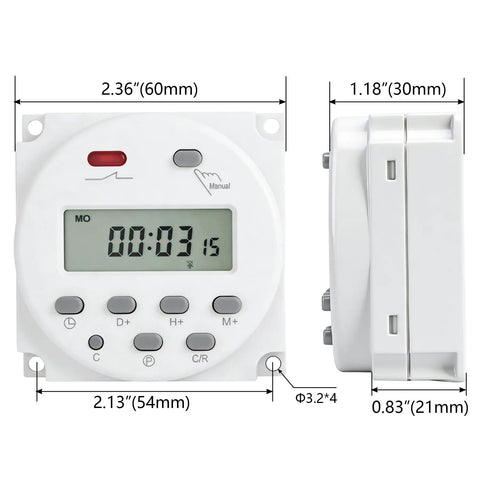 Dope Programmable Timer Switch For 12V DC And 120V AC, 16 Amp, 28 On And 28 Off Per Day, 1 Minute To 168 Hour Range, 15 Daily And Weekly Schedules, Perfect For Lights, Pumps, Home Automation, And Garage Projects. 60 x 54 x 21 mm front view