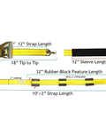 4 Pack E Track Tire Straps With 3 Rubber Blocks, 11 Ft By 2 In Ratchet Tie Downs showing detailed measurements