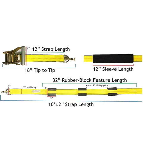 4 Pack E Track Tire Straps With 3 Rubber Blocks, 11 Ft By 2 In Ratchet Tie Downs showing detailed measurements