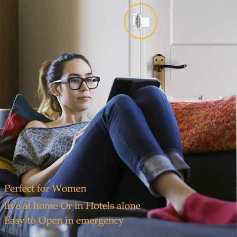 Two Pack Heavy Duty Door Security Lock For Inward Swinging Doors installed on door in living room with woman reading.