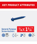 Pro Grade Blue Hex Concrete Screw Anchors 100 Piece Hardware Bundle Includes Masonry Drill Bit And Screwdriver No Sweat Setup For Rock Solid Construction Projects, 1/4 inch by 1-3/4 inch screw.