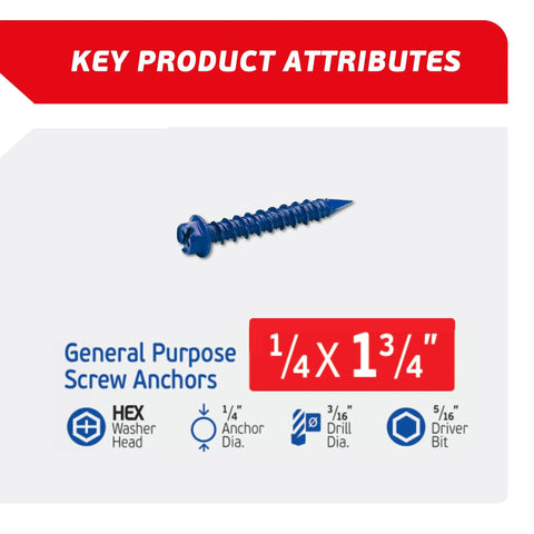 Pro Grade Blue Hex Concrete Screw Anchors 100 Piece Hardware Bundle Includes Masonry Drill Bit And Screwdriver No Sweat Setup For Rock Solid Construction Projects, 1/4 inch by 1-3/4 inch screw.