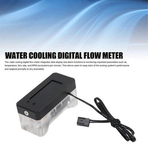 Inline PC Water Cooling Flow Meter With OLED Display featuring electronic flow indicator, shown with cable and clear casing.