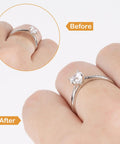 Clear Silicone Ring Guards Set For Loose Rings 12 Pack In Four Sizes Invisible Ring Resizer Tighteners shown on a finger.