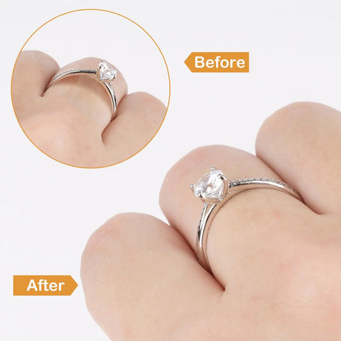 Clear Silicone Ring Guards Set For Loose Rings 12 Pack In Four Sizes Invisible Ring Resizer Tighteners shown on a finger.