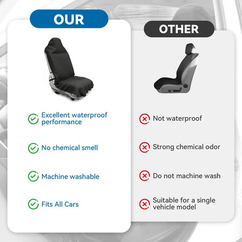 Comparison chart of Waterproof Towel Car Seat Cover vs. other cover, highlighting waterproof, machine washable, and universal fit benefits.
