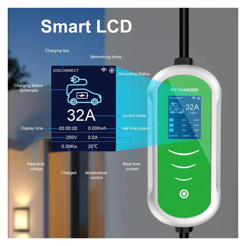 Smart LCD display on Portable Type 2 Ev Charger With Wifi App Control Blazing Fast 22 Kilowatt 32 Amp showing charging status.