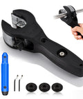 Close Quarters Tubing Cutter For Copper Brass Aluminum And Corrugated Tubing Includes Three Replacement Blades And Deburring Tool Ratcheting Pipe Cutter For One Quarter Inch To One And One Eighth Inch Diameter Not For PVC showing cutter, tool, blades, and deburring tool.
