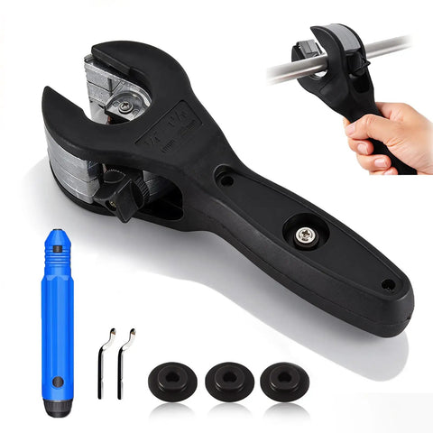 Close Quarters Tubing Cutter For Copper Brass Aluminum And Corrugated Tubing Includes Three Replacement Blades And Deburring Tool Ratcheting Pipe Cutter For One Quarter Inch To One And One Eighth Inch Diameter Not For PVC showing cutter, tool, blades, and deburring tool.