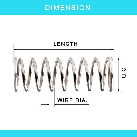 Compression spring, stainless steel, side view with length and wire diameter callouts