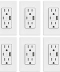Six matte white 15 Amp USB Wall Outlet With Dual USB Ports Type A And Type C, 21W Fast Charging Receptacle, Tamper Resistant
