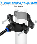 One Pack Drain Saddle Valve With One Quarter Inch Quick Connect For Plastic Water Filter Valve Clamp, leak-proof, shown installed