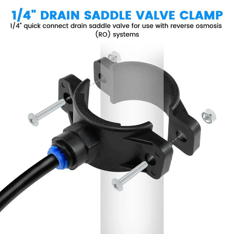 One Pack Drain Saddle Valve With One Quarter Inch Quick Connect For Plastic Water Filter Valve Clamp, leak-proof, shown installed
