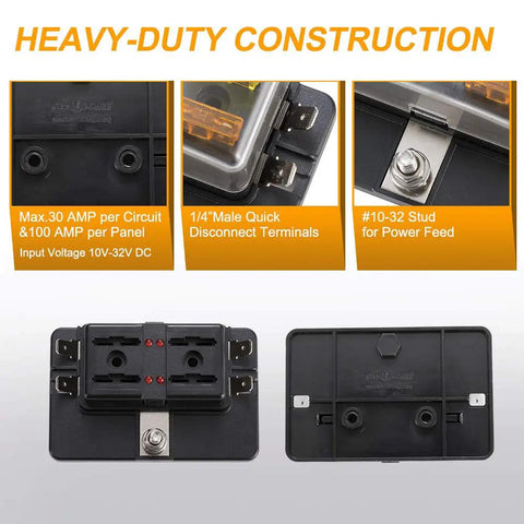 Road Ready 4 Way Blade Fuse Box With Built In Led Indicator For Blown Fuses Hella Reliable Automotive Shield showing heavy-duty connectors and terminals.