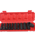 Top Rated 1/2 Inch Drive Socket Set For Impact Wrenches With 11 Piece Metric Hex Kit Made From Heavy Duty Chrome Vanadium Steel Perfect For Tough Jobs And Deep Guts Garage Work. Red case with 11 black metric impact sockets