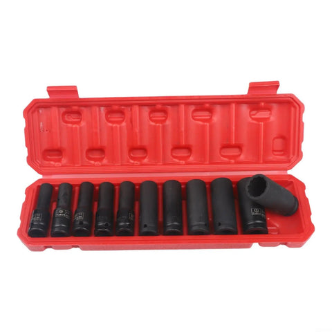 Top Rated 1/2 Inch Drive Socket Set For Impact Wrenches With 11 Piece Metric Hex Kit Made From Heavy Duty Chrome Vanadium Steel Perfect For Tough Jobs And Deep Guts Garage Work. Red case with 11 black metric impact sockets