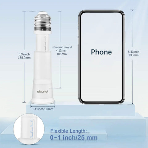 Flexible E26 Socket Extender Adapter with Adjustable Reach, next to phone for scale, extends 3.15-4.13 inches
