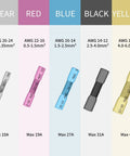 Comparison of colored heat shrink butt connectors in clear, red, blue, black, yellow, each for different AWG ranges and amperage.