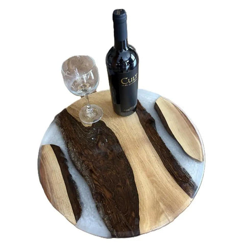 18 Inch Turntable Lazy Susan In Snazzy Walnut With Translucent White Epoxy Rivers On Dining Table With Wine Bottle And Glass
