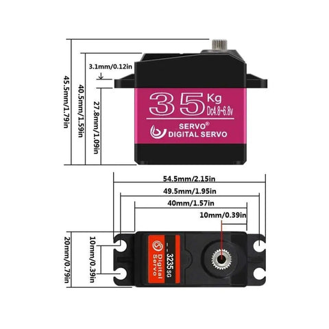 Badass 35Kg Digital Steering Servo With Rock Solid 3235 Motor And Wicked Smooth 270 Degree Rotation For Gnarly 1 8 And 1 10 RC Car Builds And Trails, dimensions labeled.