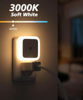 Sujeet square plug-in night light with warm white LED border plugged into wall outlet.