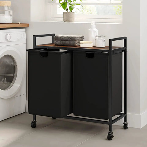 Double Laundry Hamper With Lid And Heavy Duty Wheels Rolling Laundry Basket Organizer With Top Shelf Iron Made Sorter