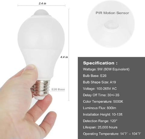 Intelligent PIR Motion Sensor LED Bulbs for Indoor Outdoor Use 9W 60W Equivalent E26 A19 5000K Daylight Dusk to Dawn Auto On Off Security Lighting for Garage Porch Front Door Stairs Hallway, E26 base