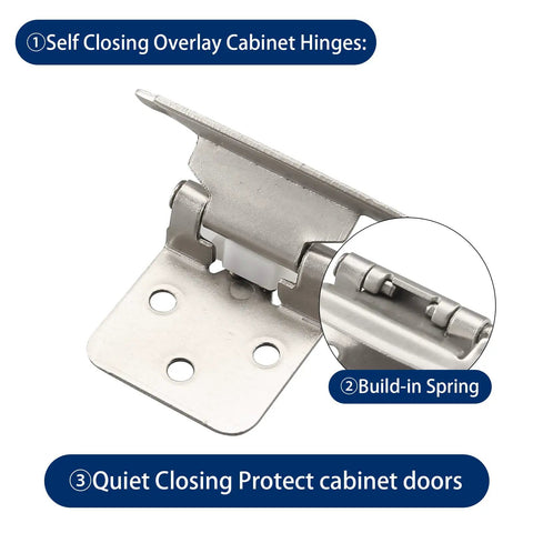 Soft Close Overlay Cabinet Hinges One Half Inch Overlay Semi Concealed Hinges For Kitchen And Bathroom Cabinets Matte Black Finish Fifty Pack With Cupboard Screws Flush Mount Durable Self Closing Hardware, highlighted built-in spring feature.