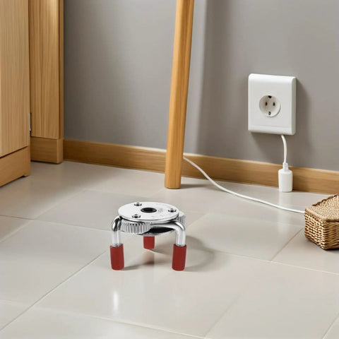 Universal Stainless Steel Smoke Sensor Removal Tool Fire Alarm Transducer Extractor Kit on tiled floor with red rubber grips.