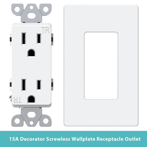 Decorator Receptacle Outlet With Screwless Wall Plate Included For Easy Install 15 Amp 125 Volt Tamper Resistant Electrical Outlet 2 Pole 3 Wire Self Grounding ETL Listed Glossy White 10 Pack Heavy Duty Polycarbonate