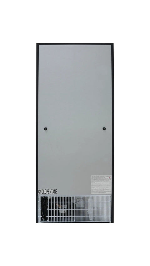 Back view of Top Shelf Commercial Workhorse Refrigerator With Heavy Duty Stainless Exterior And No Sweat Temperature Control.