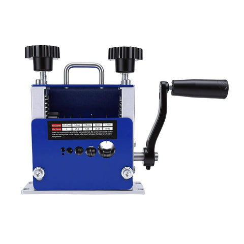 Real Deal Drill Powered Wire Stripper With Heavy Duty Multi Gauge V Rollers, blue metal body for efficient wire stripping.