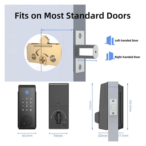 Image showing installation details of Slick Fingerprint Deadbolt Smart Keyless Entry Lock With Custom Keypad Codes. Fits standard doors.