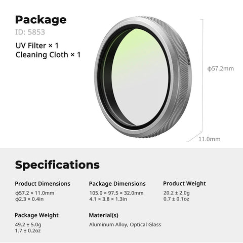 UV Filter for Fujifilm X100V and X100VI Cameras, 99 Percent Light Transmittance, Optical Glass Lens, product specifications
