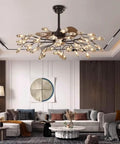 Top Tier Modern Ceiling Fan Light Featuring Durable Glass Shades Equipped With 56 High Output G4 Bulbs Delivering Crisp Tricolor Light And A Slick Firefly Profile To Seriously Level Up Your Living Room Setup Today in a stylish interior.