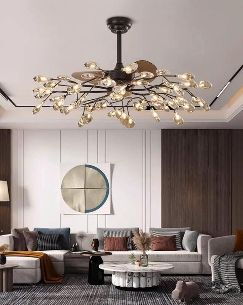 Top-Shelf Modern Firefly Ceiling Fan Light With Glass Shades Delivers High Brightness Tricolor Glow For Living Room 56 Head overhead view.