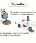 Lock Down Your Heavy Furniture With These Eight Premium Two Inch Rubber Coasters And Non Slip Caster Cups That Straight Up Stop Floor Scratches On Hardwood Tile Or Carpet, showing a rubber caster cup under a chair wheel.