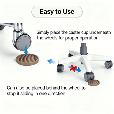 Lock Down Your Heavy Furniture With These Eight Premium Two Inch Rubber Coasters And Non Slip Caster Cups That Straight Up Stop Floor Scratches On Hardwood Tile Or Carpet, showing a rubber caster cup under a chair wheel.