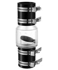 Sump pump check valve, 1-1/2 inch, transparent housing with black end caps and four stainless clamps