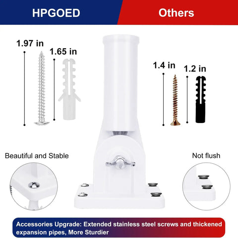 Flag Pole Holder Outdoor Mount For House Flag Poles Built Tough Aluminum Alloy Bracket Rust Free Adjustable Multi Position 1 Inch White Weatherproof Exterior Flag Pole Bracket with screws and anchors shown.