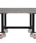 Pro Grade Welding Fixture Table Mobile Steel Workbench Laser Cut Precision Holes with smooth rolling casters and black legs.
