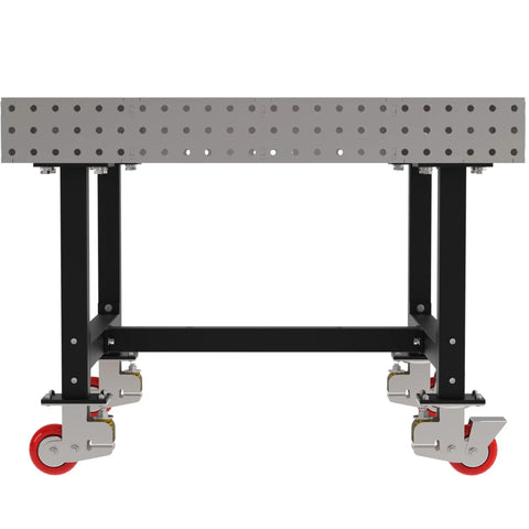 Pro Grade Welding Fixture Table Mobile Steel Workbench Laser Cut Precision Holes with smooth rolling casters and black legs.